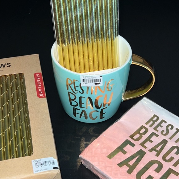 “resting beach face” gold on turquoise ceramic 14oz mug-NWT - Picture 5 of 8